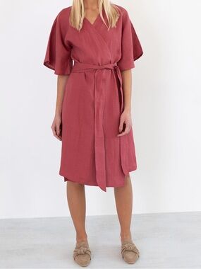 Love and Confuse MARY Linen Wrap Dress Short Sleeve Belted Resortwear Small